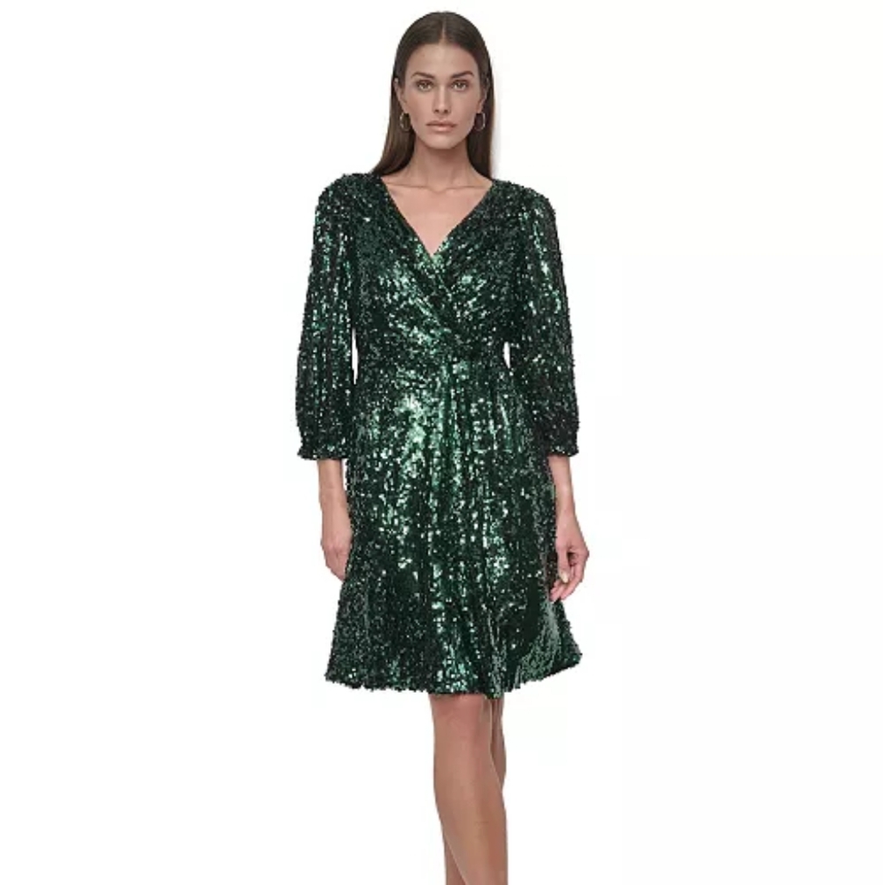 DKNY Women's Sequinned Faux-Wrap Fit & Flare Holiday Dress Emerald